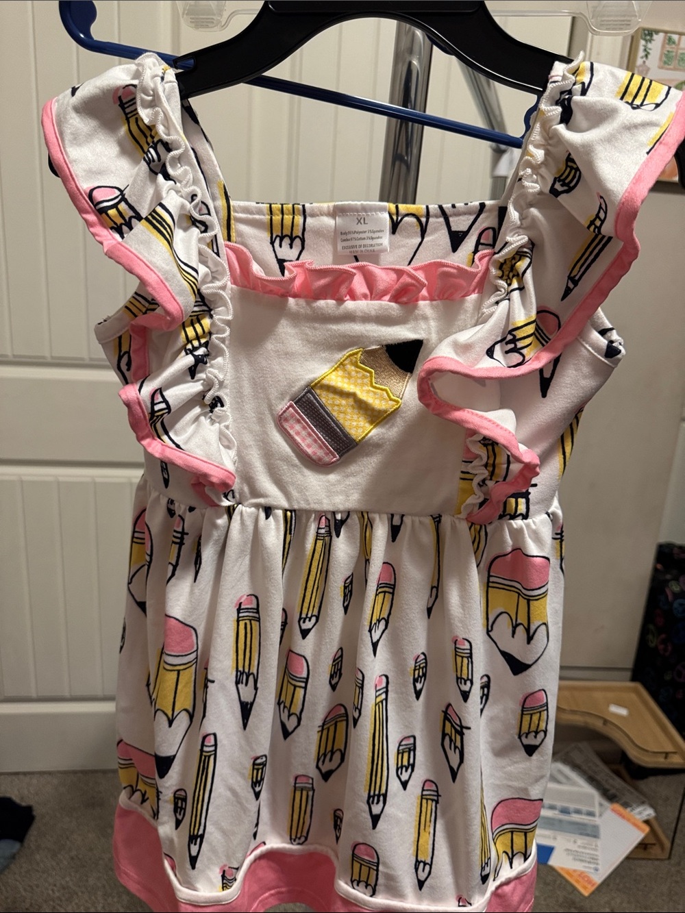 Source Unknown White Kids Dress with Yellow Pencil Print and Pink Trim